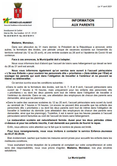 inforamtion parents 1er avril 2021 fermeture écoles